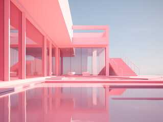 3D render of a modern minimal building in pink and violet colors.