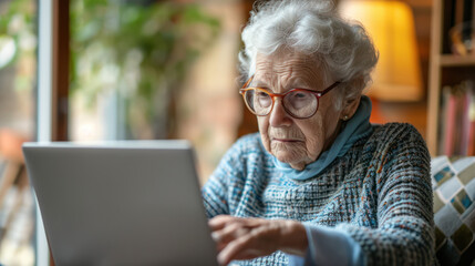 Generative AI, Senior man working with a laptop computer at the table, wearing glasses, learning to use a computer