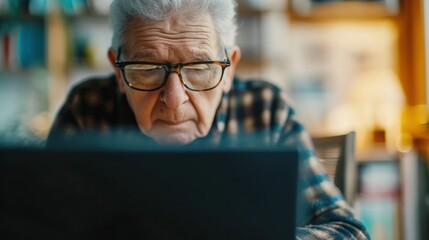 Generative AI, Senior man working with a laptop computer at the table, wearing glasses, learning to use a computer - obrazy, fototapety, plakaty