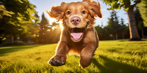 Exuberant golden retriever puppy leaping in sunlit park