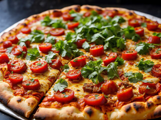 Tasty pizza with butter chicken and toppings of red pepper, red onion, and cilantro