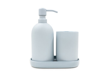 Light Blue Bath accessories isolated on white background. Soap dispenser and other accessories for personal hygiene. Decor for bathroom interior.