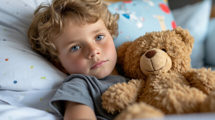 Little Boy Laying in Bed With Teddy Bear