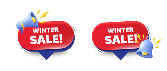Winter Sale tag. Speech bubbles with 3d bell, megaphone. Special offer price sign. Advertising Discounts symbol. Winter sale chat speech message. Red offer talk box. Vector