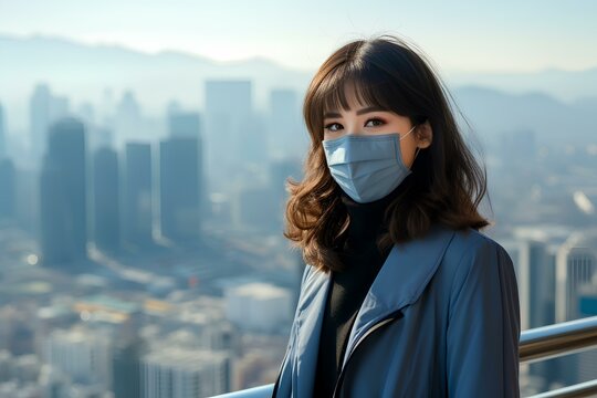 Young Chinese woman wearing a gray health care mask in his face, big city backdrop. Generative AI.