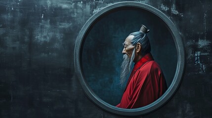 Mencius, Chinese Philosopher, Depicted in Round Frame on Dark Canvas with Text Space - obrazy, fototapety, plakaty