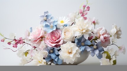 a delicate arrangement of white, blue, and pink flowers artfully placed on a pristine white surface.