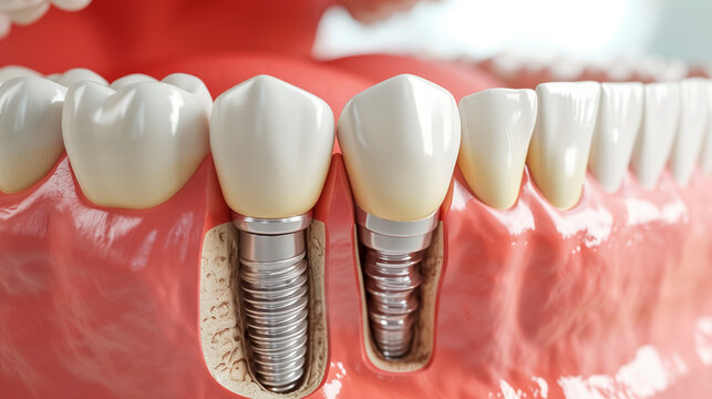 Dental implants on a model of gums and teeth.