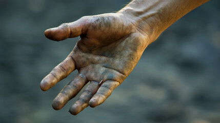 Close-up of a dirty hand extended outward.