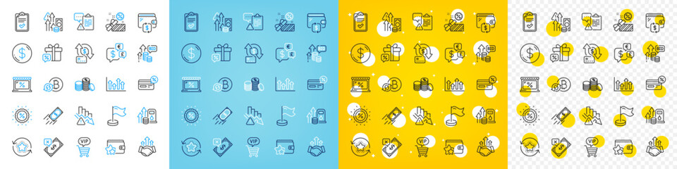 Vector icons set of Market, Upper arrows and Banking money line icons pack for web with Discount, Deflation, Bid offer outline icon. Fast payment, Wallet, Sale gift pictogram. Vector
