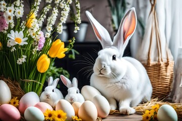 white easter bunny with easter eggs