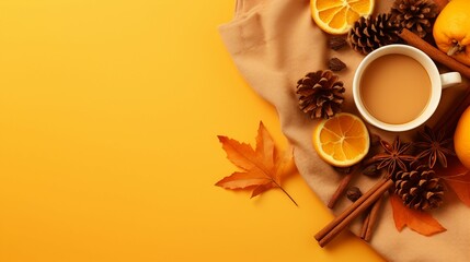 Capture the Warmth of Autumn: Cozy Composition with Knitted Scarf, Tea, and Fall Elements on a...