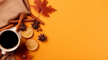 Capture the Warmth of Autumn: Cozy Composition with Knitted Scarf, Tea, and Fall Elements on a Pastel Orange Background