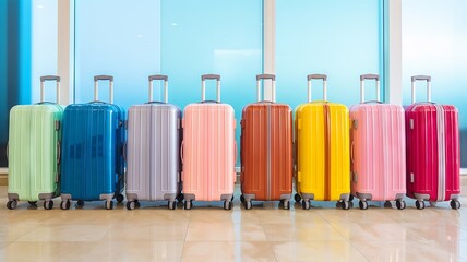 Colorful suitcases lined up, ready for an exciting vacation journey