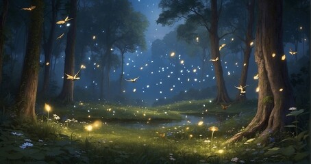 A serene woodland alive with a serenade of elegant fireflies, their gentle glow enhancing the refined beauty - Generative AI - obrazy, fototapety, plakaty