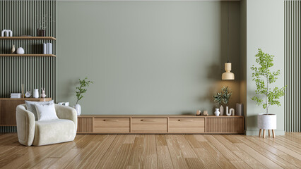 Wooden cabinet for tv  and green wall,Modern interior style . white sofa in living room .3d render