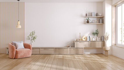 Mid Century Modern Living room .Wood TV cabinet  with white  wall mounted,pink sofa on wood floor ,.3d rendering - obrazy, fototapety, plakaty