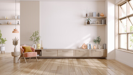 Mid Century Modern Living room .Wood TV cabinet  with white  wall mounted,pink sofa on wood floor ,3d rendering