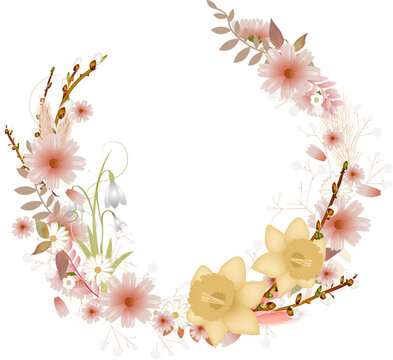 Blumenkranz Fr&uuml;hling Osterglocken,Palmk&auml;tzchen,Weidenk&auml;tzchen und Narzissen