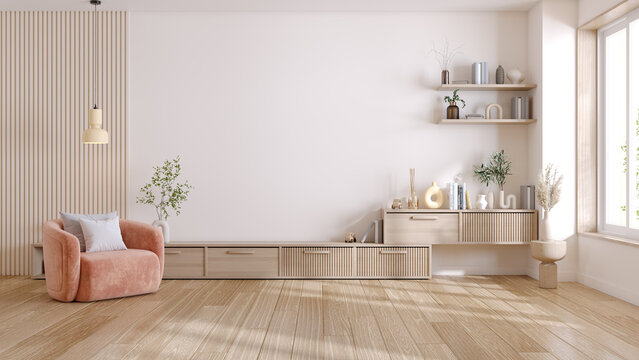 Fototapeta Mid Century Modern Living room .Wood TV cabinet  with white  wall mounted,pink sofa on wood floor ,.3d rendering