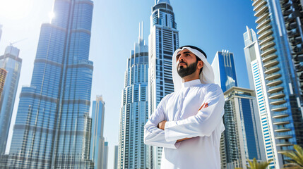 An Arab man stands with his back to a modern tall building. Construction and real estate investments 