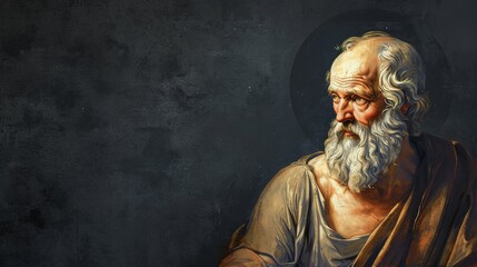 Socrates, The Philosopher, Illustrated in a Round Frame on a Dark Canvas with Space for Tex