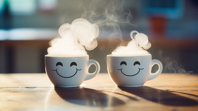 Coffee cups with smiling faces on wooden table 
