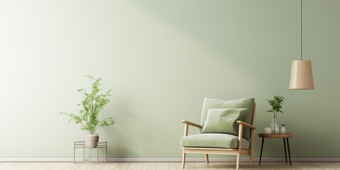 Minimalist room features a sleek, green chair and chic decor, exuding modern comfort - obrazy, fototapety, plakaty