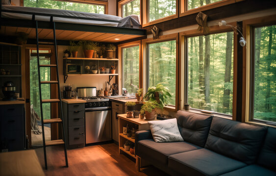 Cozy tiny house interior with loft bed and forest view