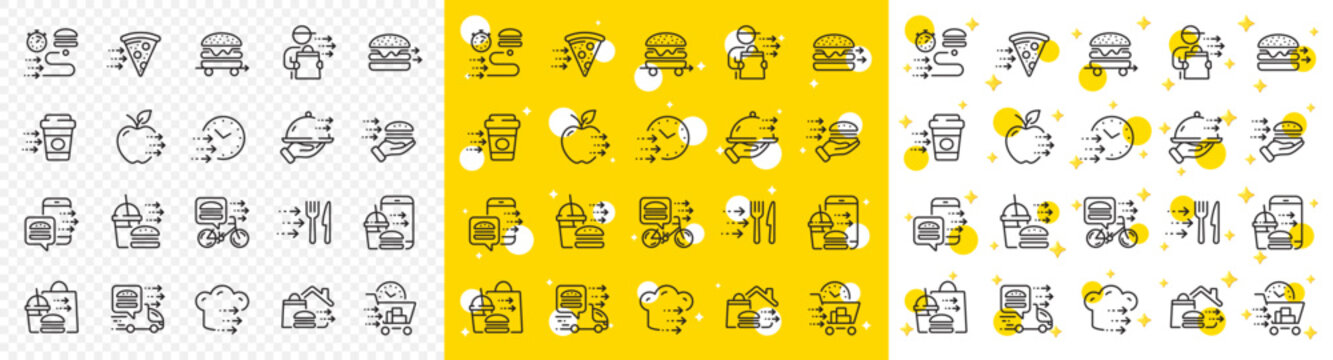 Online order, Eat pizza, Fast grocery service. Food delivery line icons. Home delivery, Burger or cheeseburger, Courier with food outline icons. Smartphone order, Coffee deliver, Apple fruit. Vector