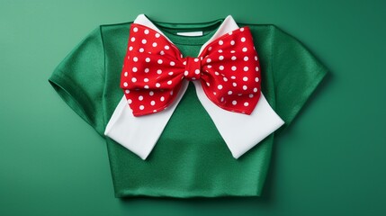 Top view of a festive red and white Christmas sweater with a ribbon bow and 'Merry Christmas' label on an isolated green background, creating a cozy and stylish seasonal decoration.