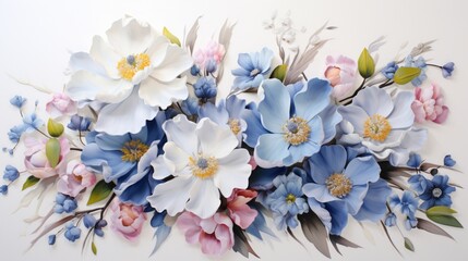 Obraz na płótnie Canvas a graceful fusion of white, blue, and pink flowers unfolding on a flawlessly white canvas.