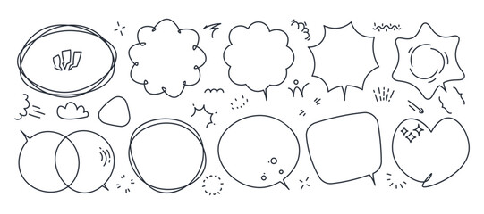 Manga comic bubble. Doodle speech balloons with different shapes, simple stroke brush letters for title and text decoration. Vector isolated set of bubble speech doodle illustration