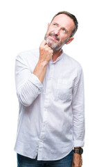 Middle age hoary senior man over isolated background with hand on chin thinking about question,...