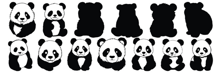 Panda silhouettes set, large pack of vector silhouette design, isolated white background