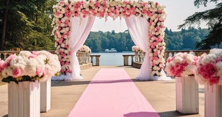 An Outdoor Wedding Ceremony Under a Beautiful Arch Decorated with Cloth and Pastel Flowers