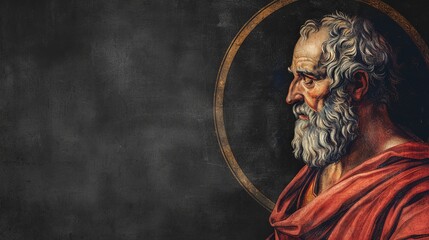 Thales, the Ancient Greek Philosopher, Depicted in Round Frame Illustration on Dark Canvas with Text Space - obrazy, fototapety, plakaty