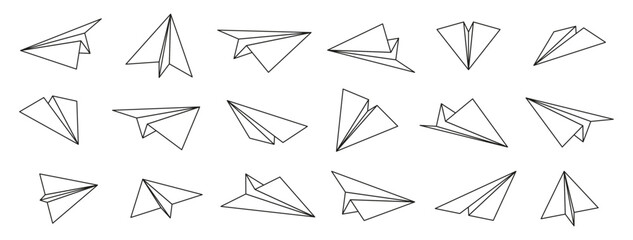 Paper planes icons. Folded origami aircraft, plane top and bottom, origami game variations. Thin paper art symbol collection. Vector set of airplane flight paper craft illustration