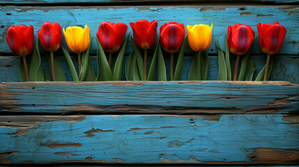 Row of Red and Yellow Tulips on Blue Background