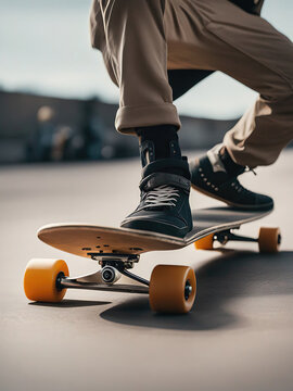 Close-up of skateboarding person on a skateboard. Shoes on skateboard, asphalt street scene with subject in focus.