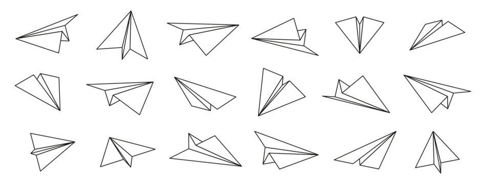 Paper planes icons. Folded origami aircraft, plane top and bottom, origami game variations. Thin paper art symbol collection. Vector set of airplane flight paper craft illustration