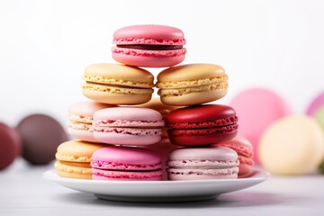 Obraz na płótnie Canvas Photo of colorful macaroons on top of each other on a table on a white background