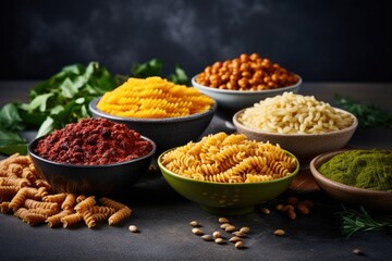A variety of fusilli pasta from different types of legumes.  Noodles Alternative