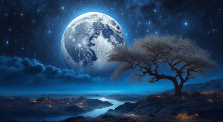 Crédence de cuisine en verre imprimé Pleine Lune arbre A starry night with a blue moon, a celestial spectacle that defies the ordinary. The sky, adorned with countless twinkling stars, forms a magnificent backdrop. The blue moon - AI Generative - Generati