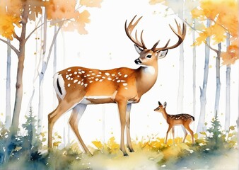 Illustration painted in watercolor style depicts a deer and a little fawn in the forest