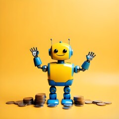A superhero cute robot with coins in copy space background. Save money and become a hero concept. Happy mode. Financial stability. Grow your income. Motivation poster for social media