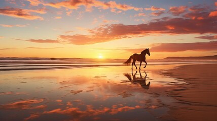 Lone horse gallops along a pristine sandy beach at dawn