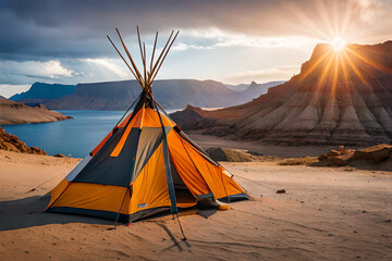 native tipi style camping tent in the wilderness , outdoor activity - obrazy, fototapety, plakaty