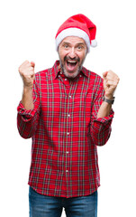 Fototapeta na wymiar Middle age hoary senior man wearing christmas hat over isolated background celebrating surprised and amazed for success with arms raised and open eyes. Winner concept.