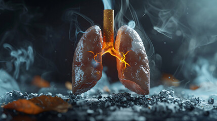 visual concept for No Smoking Day, capturing the detrimental impact of cigarettes on the lungs and the human body.  - obrazy, fototapety, plakaty